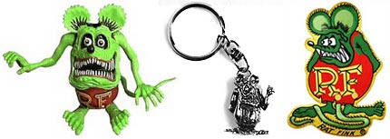 Rat Fink doll, keychain and patch